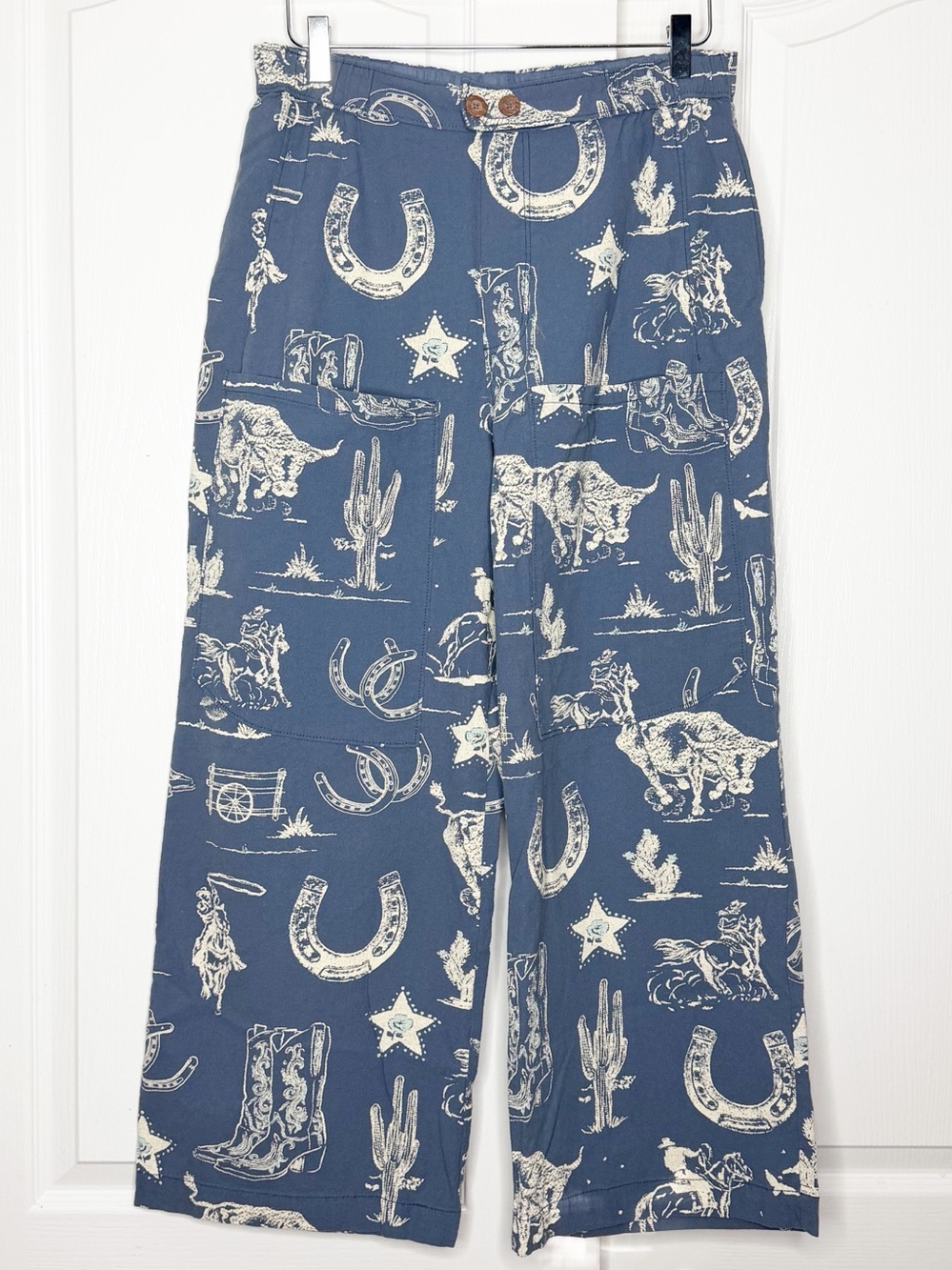 Free People Seaside Pull-On Pants Blue Western Print Cotton Size Medium - Picture 5 of 16
